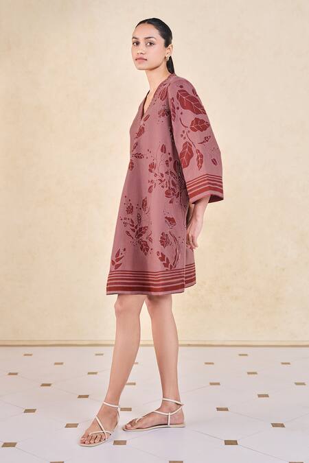 Grassroot By Anita Dongre Pink Cotton, Linen, Viscose Embroidery V-neck Floral Dress Online at Aza Fashions Grassroot By Anita Dongre_Pink Cotton, Linen, Viscose Embroidery V-neck Floral Dress _Online_at_Aza_Fashions