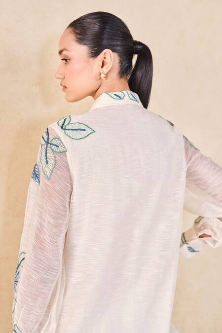 Grassroot By Anita Dongre_Ivory Cotton, Silk, Viscose Embroidery Collared Thread Shirt_Online_at_Aza_Fashions