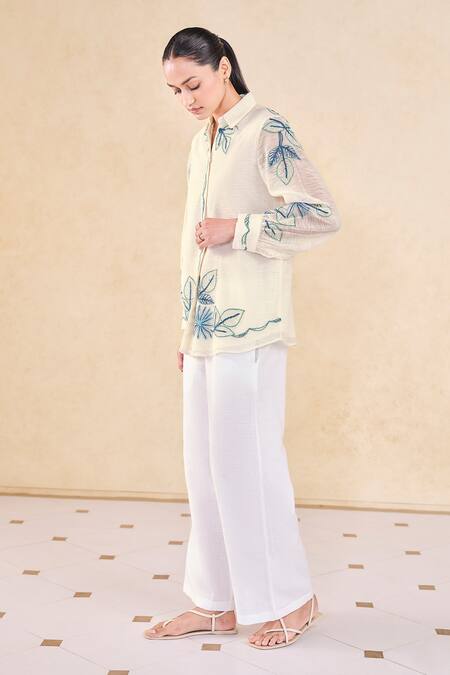 Buy_Grassroot By Anita Dongre_Ivory Cotton, Silk, Viscose Embroidery Collared Thread Shirt_Online_at_Aza_Fashions