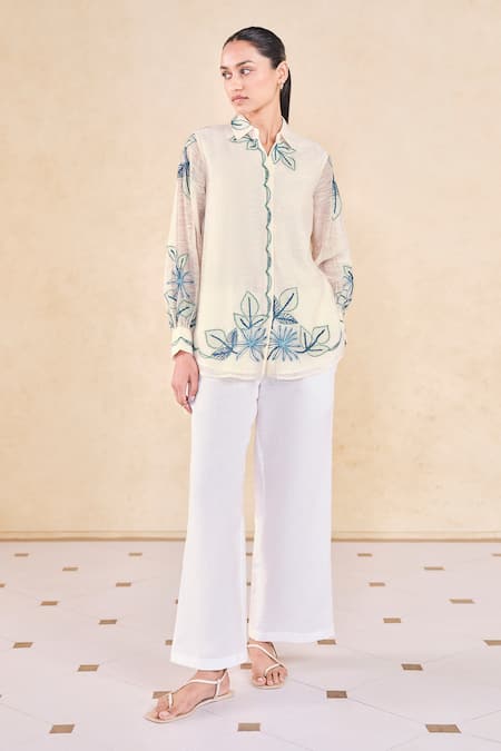 Grassroot By Anita Dongre Ivory Cotton, Silk, Viscose Embroidery Collared Thread Shirt