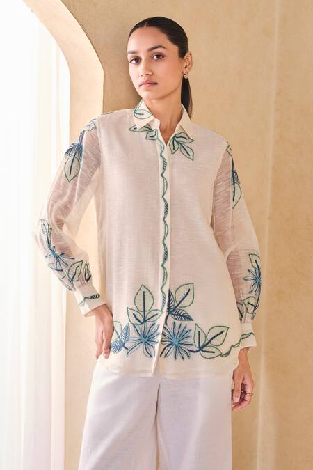 Shop_Grassroot By Anita Dongre_Ivory Cotton, Silk, Viscose Embroidery Collared Thread Shirt_Online_at_Aza_Fashions