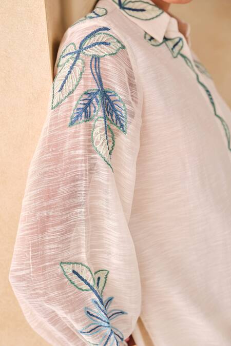 Grassroot By Anita Dongre_Ivory Cotton, Silk, Viscose Embroidery Collared Thread Shirt_at_Aza_Fashions