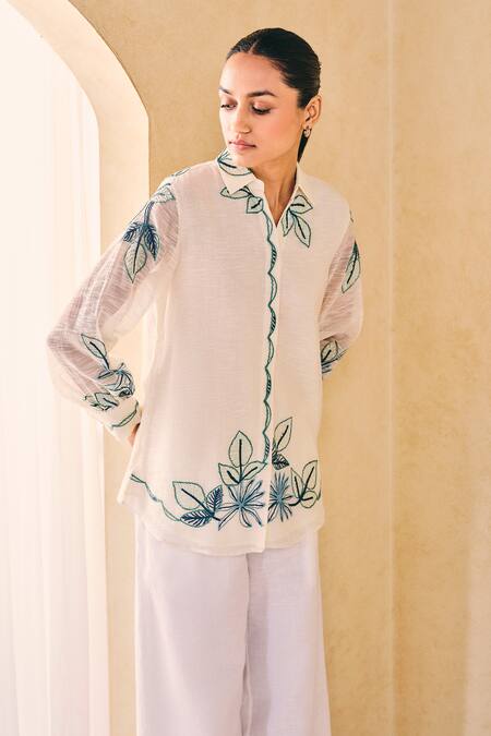 Buy_Grassroot By Anita Dongre_Ivory Cotton, Silk, Viscose Embroidery Collared Thread Shirt