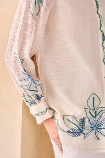 Shop_Grassroot By Anita Dongre_Ivory Cotton, Silk, Viscose Embroidery Collared Thread Shirt
