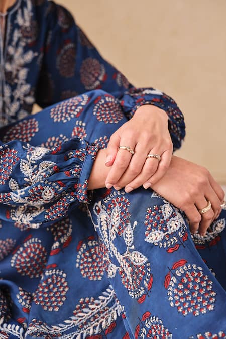 Grassroot By Anita Dongre_Blue Viscose, Modal Embroidery Round Neck Floral Ajrakh Print Midi Dress_Online_at_Aza_Fashions