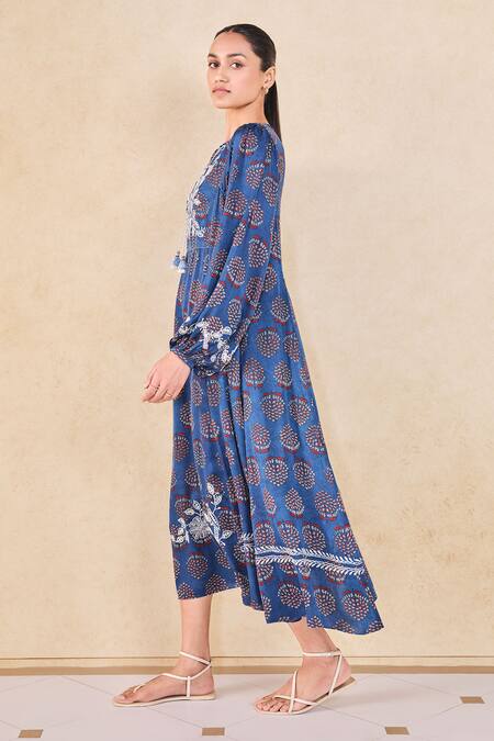 Buy_Grassroot By Anita Dongre_Blue Viscose, Modal Embroidery Round Neck Floral Ajrakh Print Midi Dress_Online_at_Aza_Fashions