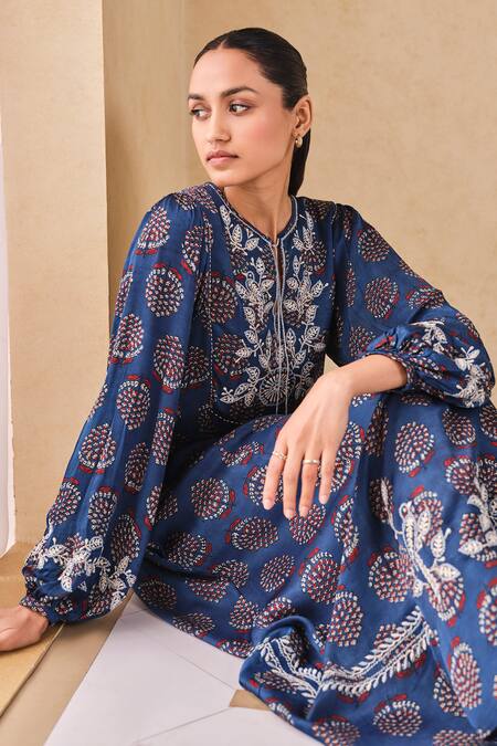 Shop_Grassroot By Anita Dongre_Blue Viscose, Modal Embroidery Round Neck Floral Ajrakh Print Midi Dress_Online_at_Aza_Fashions