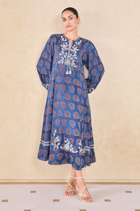 Grassroot By Anita Dongre_Blue Viscose, Modal Embroidery Round Neck Floral Ajrakh Print Midi Dress_at_Aza_Fashions