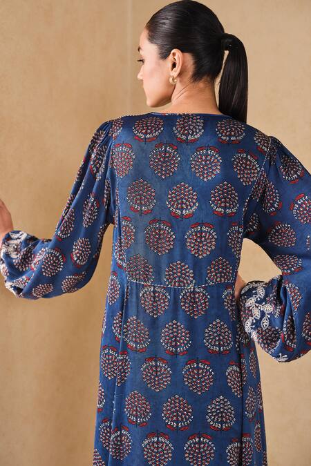 Buy_Grassroot By Anita Dongre_Blue Viscose, Modal Embroidery Round Neck Floral Ajrakh Print Midi Dress