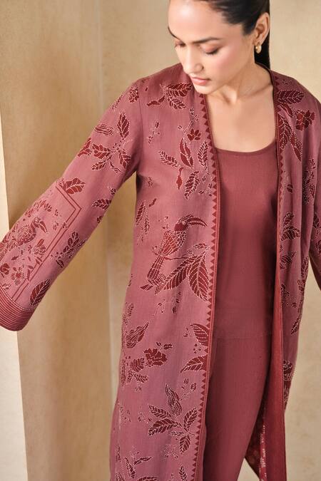 Grassroot By Anita Dongre_Pink Cotton, Linen, Viscose Embroidery Open Neck Kantha Jacket Pant Set _Online_at_Aza_Fashions