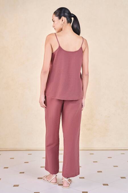 Shop_Grassroot By Anita Dongre_Pink Cotton, Linen, Viscose Embroidery Open Neck Kantha Jacket Pant Set _Online_at_Aza_Fashions