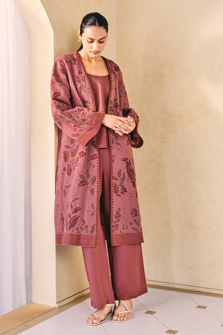 Grassroot By Anita Dongre_Pink Cotton, Linen, Viscose Embroidery Open Neck Kantha Jacket Pant Set _at_Aza_Fashions