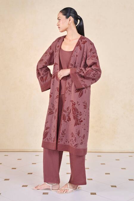 Buy_Grassroot By Anita Dongre_Pink Cotton, Linen, Viscose Embroidery Open Neck Kantha Jacket Pant Set 