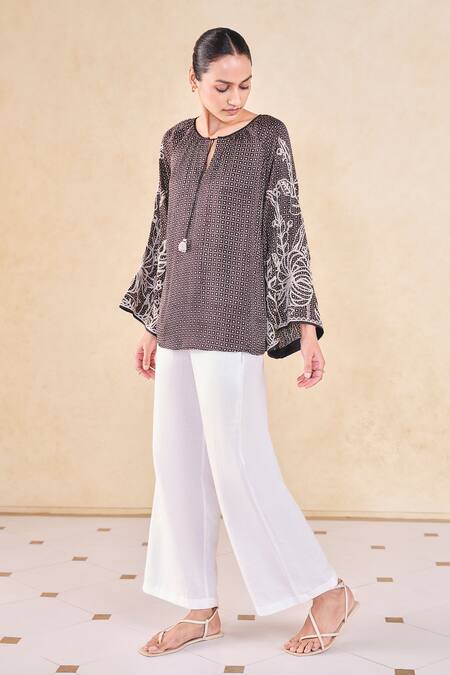 Buy_Grassroot By Anita Dongre_Black Viscose, Modal Embroidery Keyhole Neck Ajrakh Print Top_Online_at_Aza_Fashions