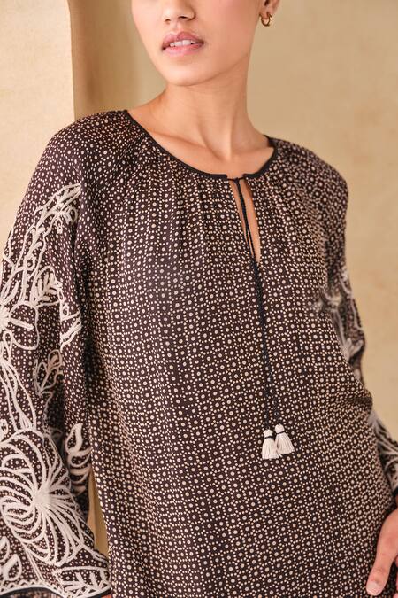 Shop_Grassroot By Anita Dongre_Black Viscose, Modal Embroidery Keyhole Neck Ajrakh Print Top_Online_at_Aza_Fashions