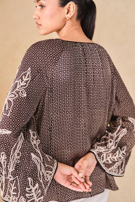 Grassroot By Anita Dongre_Black Viscose, Modal Embroidery Keyhole Neck Ajrakh Print Top_at_Aza_Fashions