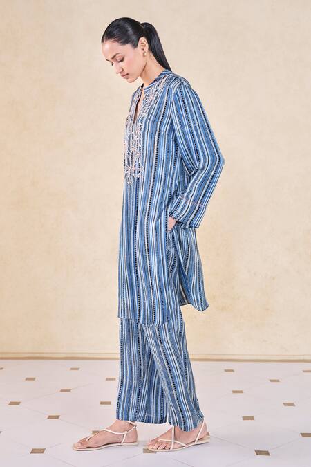 Grassroot By Anita Dongre Blue Viscose, Modal Embroidery Mandarin Ajrakh Stripe Print Kurta And Pant Set Online at Aza Fashions Grassroot By Anita Dongre_Blue Viscose, Modal Embroidery Mandarin Ajrakh Stripe Print Kurta And Pant Set_Online_at_Aza_Fashions