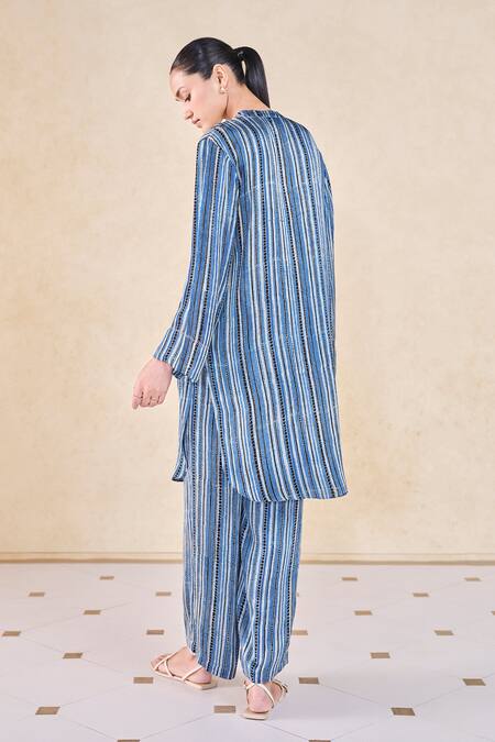 Shop Grassroot By Anita Dongre Blue Viscose, Modal Embroidery Mandarin Ajrakh Stripe Print Kurta And Pant Set at Aza Fashions Shop_Grassroot By Anita Dongre_Blue Viscose, Modal Embroidery Mandarin Ajrakh Stripe Print Kurta And Pant Set_at_Aza_Fashions