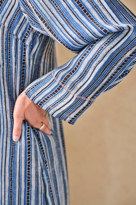 Buy Grassroot By Anita Dongre Blue Viscose, Modal Embroidery Mandarin Ajrakh Stripe Print Kurta And Pant Set Online at Aza Fashions Buy_Grassroot By Anita Dongre_Blue Viscose, Modal Embroidery Mandarin Ajrakh Stripe Print Kurta And Pant Set_Online_at_Aza_Fashions