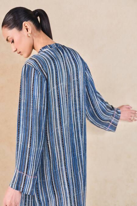 Shop Grassroot By Anita Dongre Blue Viscose, Modal Embroidery Mandarin Ajrakh Stripe Print Kurta And Pant Set Online at Aza Fashions Shop_Grassroot By Anita Dongre_Blue Viscose, Modal Embroidery Mandarin Ajrakh Stripe Print Kurta And Pant Set_Online_at_Aza_Fashions