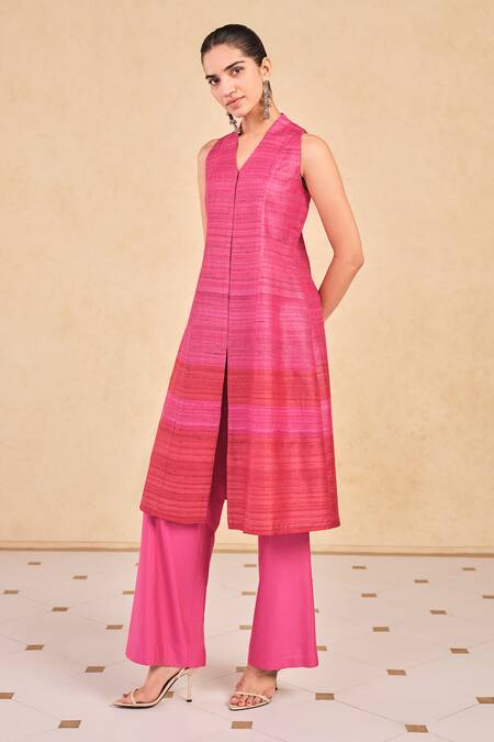 Shop_Grassroot By Anita Dongre_Pink Silk, Cotton Halter Neck Textured Kurta And Palazzo Set _Online_at_Aza_Fashions