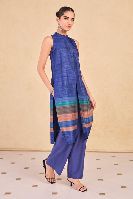 Grassroot By Anita Dongre_Blue Silk, Cotton Halter Neck Textured Stripe Kurta Set _Online_at_Aza_Fashions