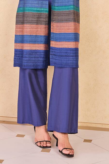 Buy_Grassroot By Anita Dongre_Blue Silk, Cotton Halter Neck Textured Stripe Kurta Set _Online_at_Aza_Fashions