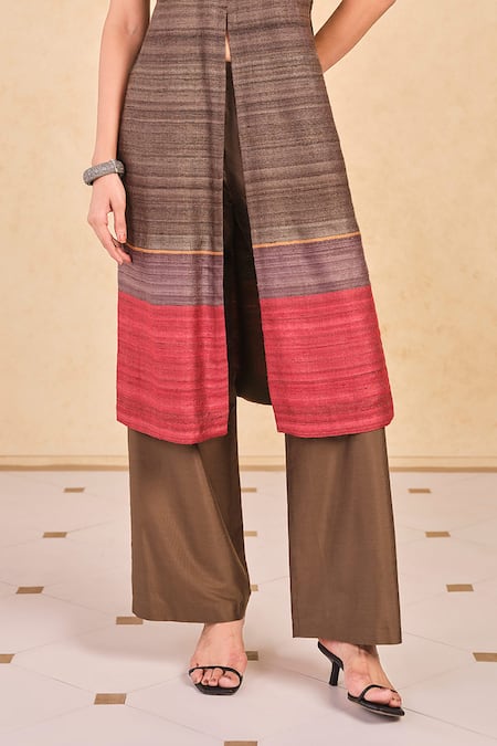 Grassroot By Anita Dongre_Brown Silk, Cotton Halter Neck Textured Stripe Kurta And Palazzo Set _Online_at_Aza_Fashions