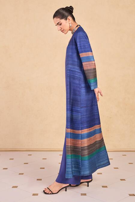 Grassroot By Anita Dongre_Blue Silk Open Neck Textured Stripe Jacket And Palazzo Set _Online_at_Aza_Fashions