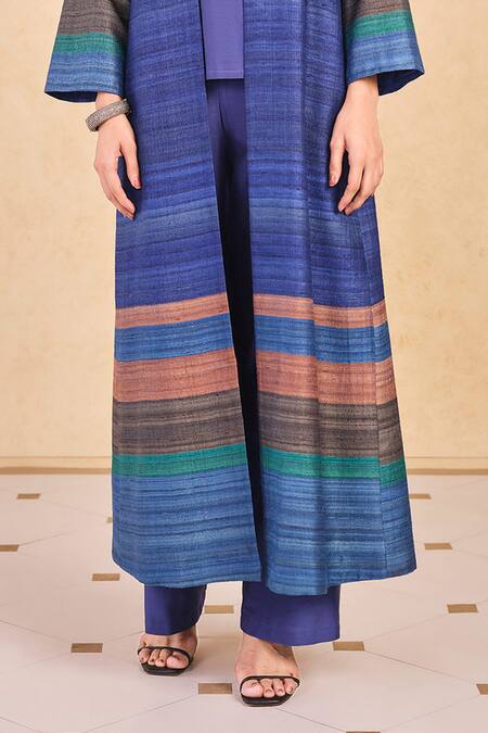 Buy_Grassroot By Anita Dongre_Blue Silk Open Neck Textured Stripe Jacket And Palazzo Set _Online_at_Aza_Fashions