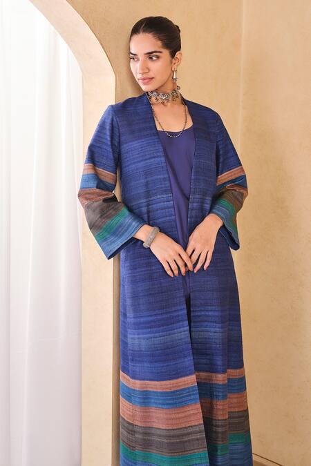 Shop_Grassroot By Anita Dongre_Blue Silk Open Neck Textured Stripe Jacket And Palazzo Set _Online_at_Aza_Fashions