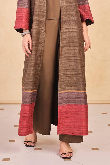 Grassroot By Anita Dongre_Brown Silk Open Neck Stripe Pattern Jacket Palazzo Set _Online_at_Aza_Fashions