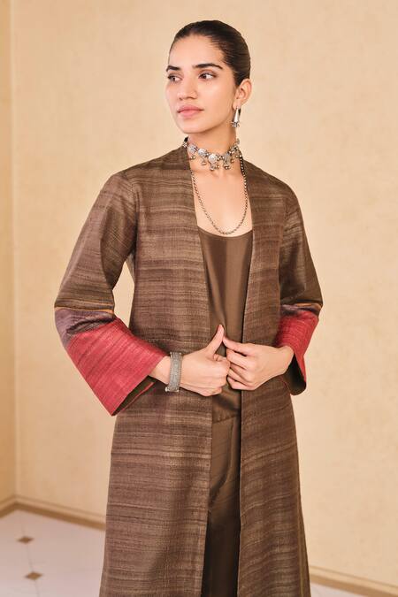 Buy_Grassroot By Anita Dongre_Brown Silk Open Neck Stripe Pattern Jacket Palazzo Set _Online_at_Aza_Fashions