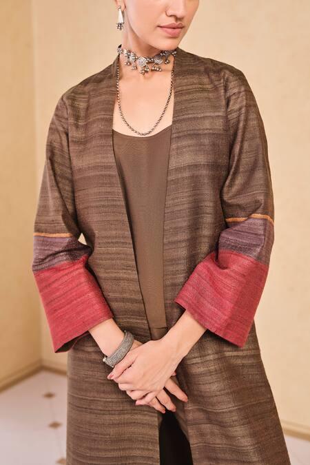 Shop_Grassroot By Anita Dongre_Brown Silk Open Neck Stripe Pattern Jacket Palazzo Set _Online_at_Aza_Fashions