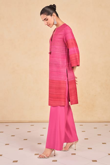 Buy_Grassroot By Anita Dongre_Pink Silk, Cotton Keyhole Neck Textured Stripe Kurta And Palazzo Set _Online_at_Aza_Fashions