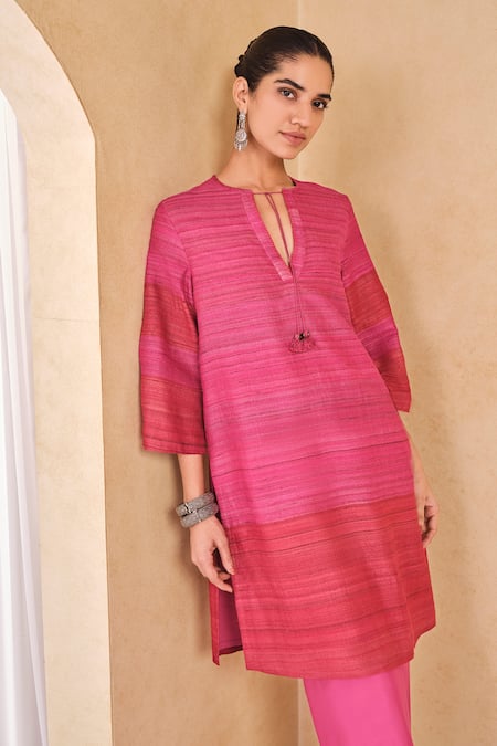 Shop_Grassroot By Anita Dongre_Pink Silk, Cotton Keyhole Neck Textured Stripe Kurta And Palazzo Set _Online_at_Aza_Fashions