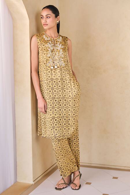 Grassroot By Anita Dongre Yellow Viscose, Modal Embroidery Keyhole Neck Ajrakh Print Kurta Set at Aza Fashions Grassroot By Anita Dongre_Yellow Viscose, Modal Embroidery Keyhole Neck Ajrakh Print Kurta Set_at_Aza_Fashions