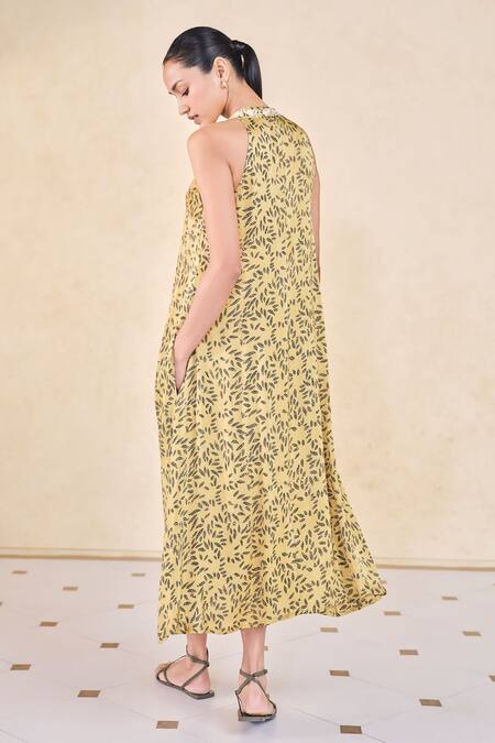 Shop Grassroot By Anita Dongre Yellow Viscose, Modal Embroidery Halter Neck Ajrakh Print A-line Dress at Aza Fashions Shop_Grassroot By Anita Dongre_Yellow Viscose, Modal Embroidery Halter Neck Ajrakh Print A-line Dress_at_Aza_Fashions