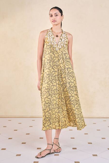 Grassroot By Anita Dongre Yellow Viscose, Modal Embroidery Halter Neck Ajrakh Print A-line Dress Online at Aza Fashions Grassroot By Anita Dongre_Yellow Viscose, Modal Embroidery Halter Neck Ajrakh Print A-line Dress_Online_at_Aza_Fashions