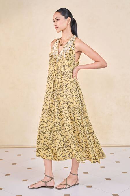 Buy Grassroot By Anita Dongre Yellow Viscose, Modal Embroidery Halter Neck Ajrakh Print A-line Dress Online at Aza Fashions Buy_Grassroot By Anita Dongre_Yellow Viscose, Modal Embroidery Halter Neck Ajrakh Print A-line Dress_Online_at_Aza_Fashions