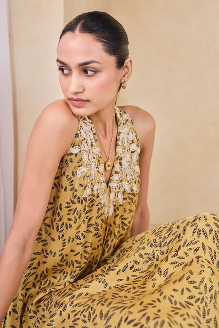 Shop Grassroot By Anita Dongre Yellow Viscose, Modal Embroidery Halter Neck Ajrakh Print A-line Dress Online at Aza Fashions Shop_Grassroot By Anita Dongre_Yellow Viscose, Modal Embroidery Halter Neck Ajrakh Print A-line Dress_Online_at_Aza_Fashions