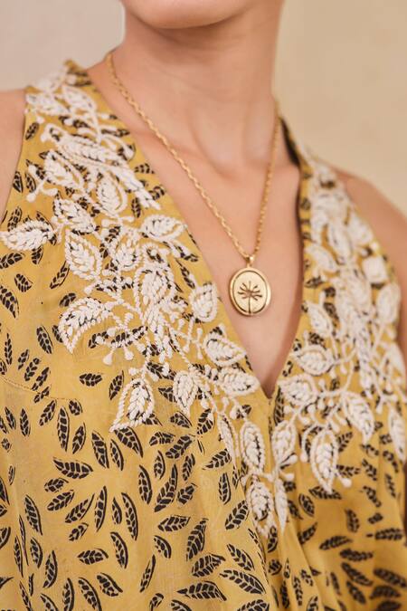 Buy Grassroot By Anita Dongre Yellow Viscose, Modal Embroidery Halter Neck Ajrakh Print A-line Dress Buy_Grassroot By Anita Dongre_Yellow Viscose, Modal Embroidery Halter Neck Ajrakh Print A-line Dress