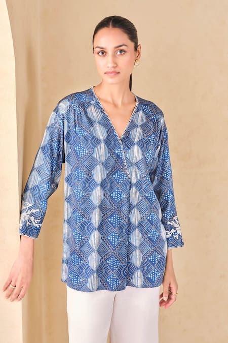 Grassroot By Anita Dongre_Blue Viscose, Modal Embroidery V-neck Geometric Print V Top _Online_at_Aza_Fashions