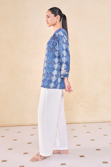Buy_Grassroot By Anita Dongre_Blue Viscose, Modal Embroidery V-neck Geometric Print V Top _Online_at_Aza_Fashions