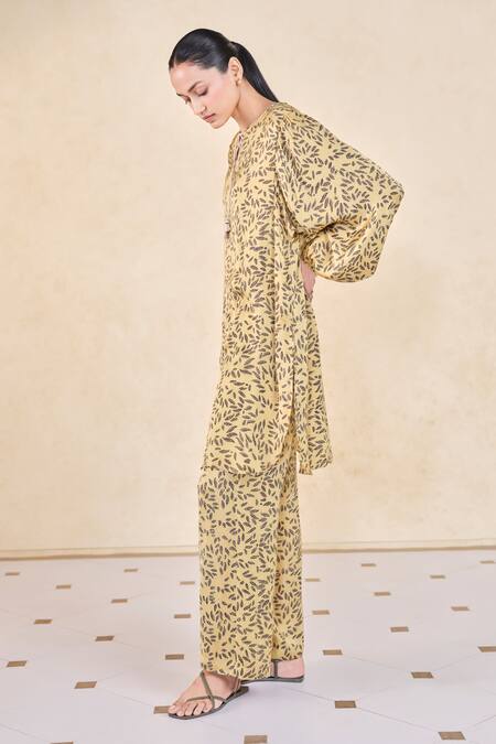 Grassroot By Anita Dongre_Yellow Viscose, Modal Keyhole Neck Leafbird Print Kurta And Pant Set _Online_at_Aza_Fashions