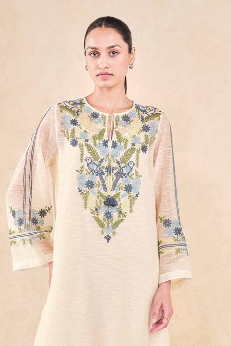 Grassroot By Anita Dongre_Ivory Cotton, Silk, Viscose Embroidery Keyhole Neck Thread Kaftan_Online_at_Aza_Fashions