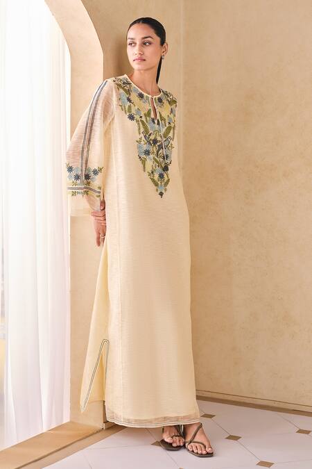 Buy_Grassroot By Anita Dongre_Ivory Cotton, Silk, Viscose Embroidery Keyhole Neck Thread Kaftan_Online_at_Aza_Fashions