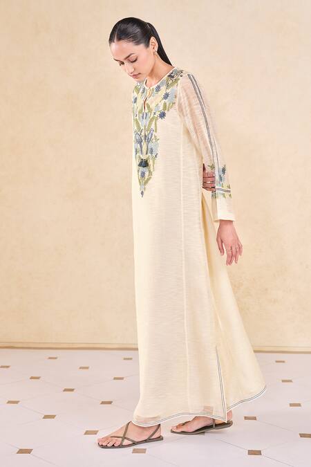 Shop_Grassroot By Anita Dongre_Ivory Cotton, Silk, Viscose Embroidery Keyhole Neck Thread Kaftan_Online_at_Aza_Fashions