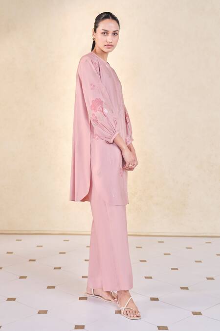 Shop_Grassroot By Anita Dongre_Pink Viscose, Silk Embroidery Round Neck Kantha Kurta And Pant Set _Online_at_Aza_Fashions