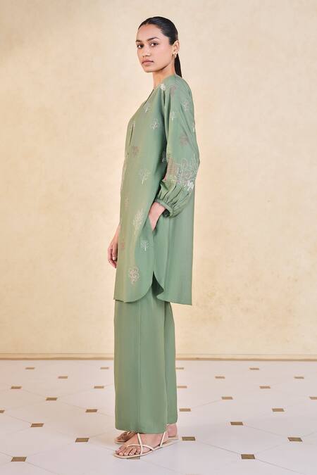 Buy_Grassroot By Anita Dongre_Green Viscose, Silk Embroidery Round Neck Sage Kurta Set_Online_at_Aza_Fashions